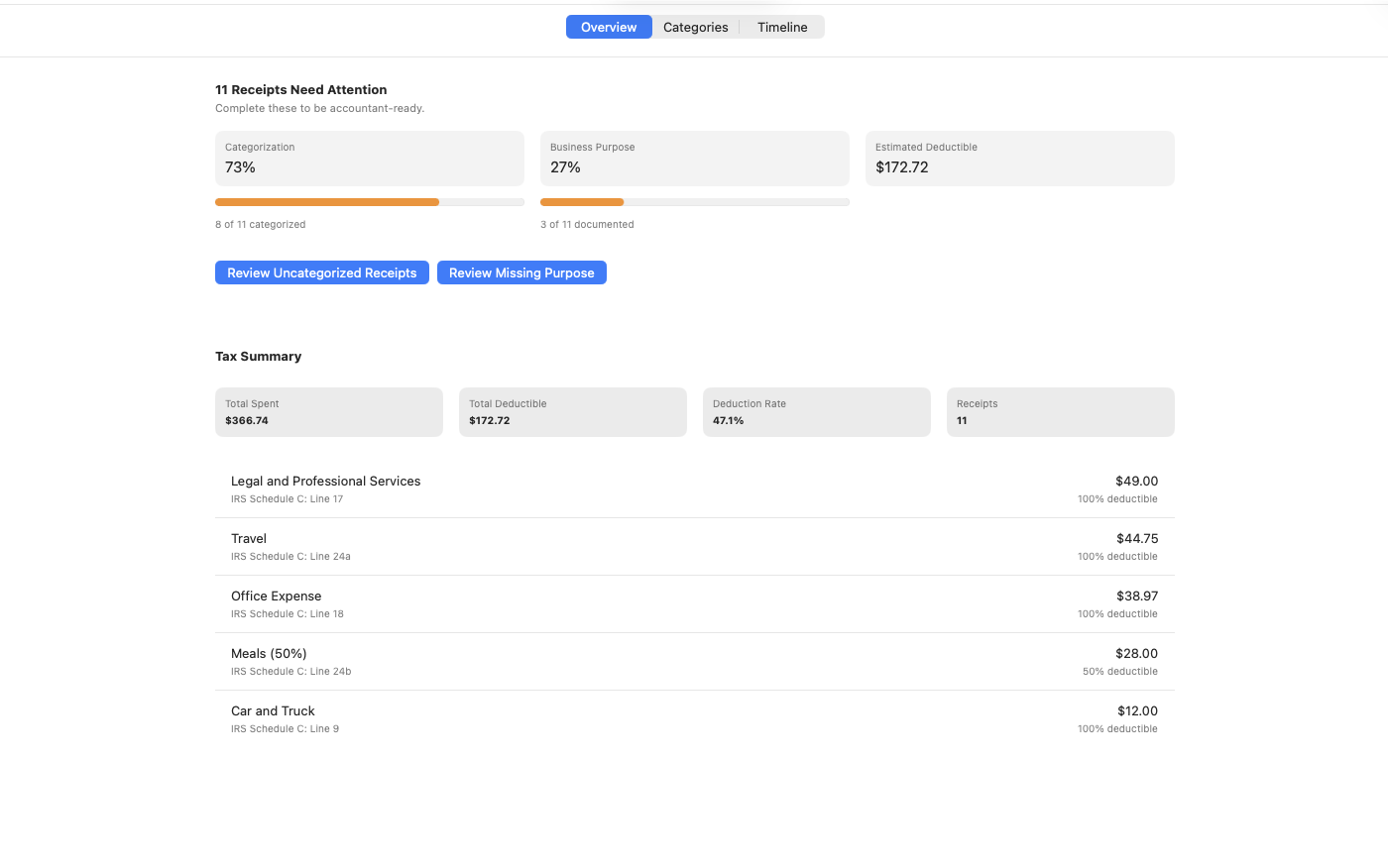 Receipts needing category or business purpose in ReceiptMatrix