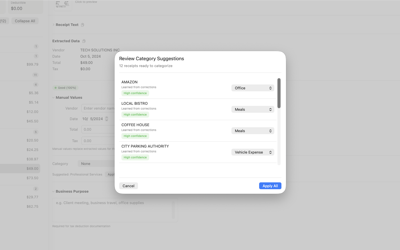 Schedule C category suggestions in ReceiptMatrix